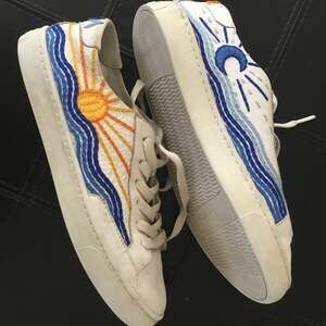 Soludos Embroidered Wave Sun and Moon Sneakers, White Leather, Women's 6.5